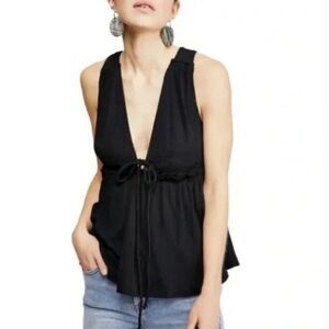 Free People Black Beach Bound Plunging V Neckline Sleeveless Tank Top Size XS